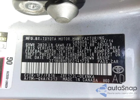 2014 Toyota Corolla Le from USA, damaged, VIN 2T1BURHE0EC141729